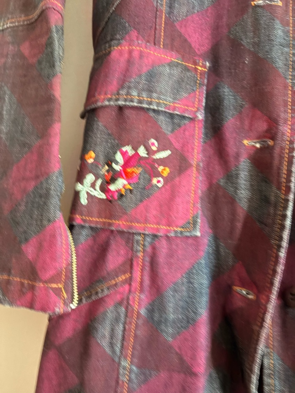 Custo Barcelona,Long Denim Coat with embroidered flowers and Purple - Picture 4 of 5